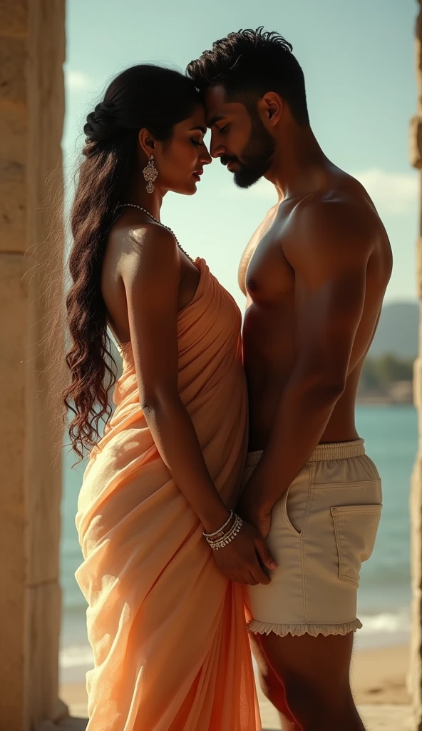 Indian newly wed couple, hot slim curvy white south indian milf with long single plaited hairstyle, big breast, big hip, very big ass, thick thighs, woman wearing transparent saree, looking at camera, man wearing sleeveless vest and shorts, man and woman looking at camera,