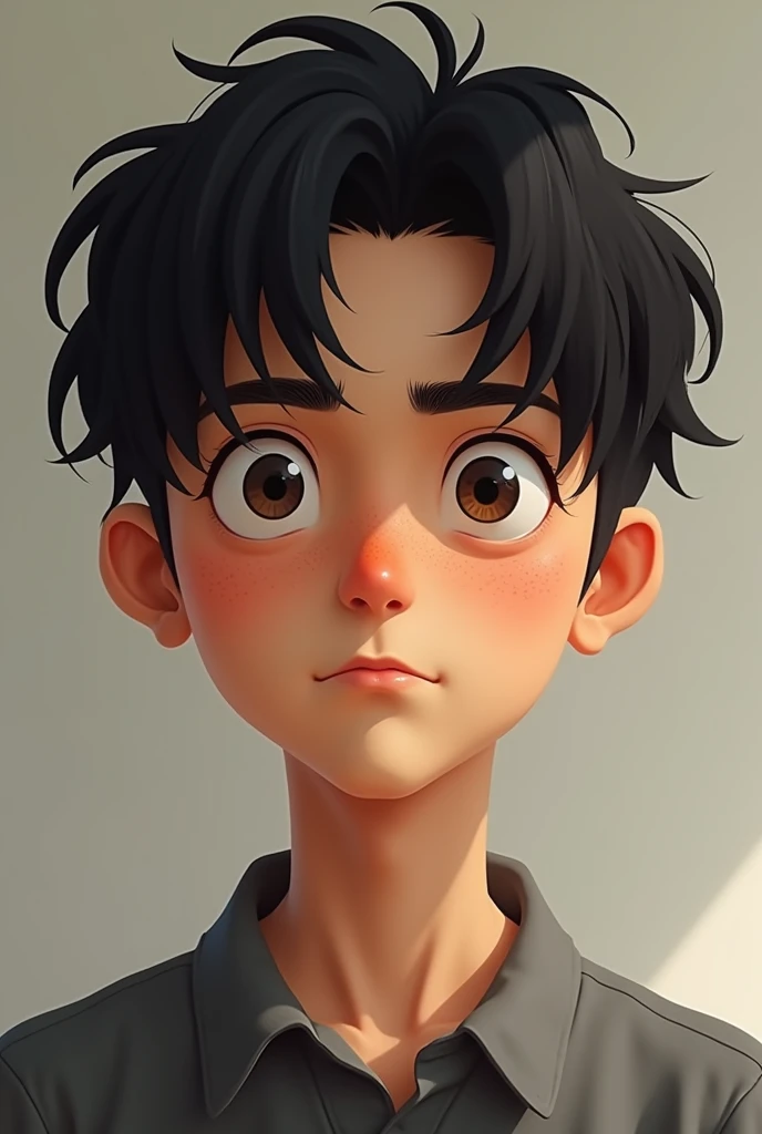 The man has a youthful, oval face., with subtly marked cheekbones that give balance to her expression. Her skin is light-toned and shows some acne marks on both cheeks., which are visible but not exaggerated, giving a natural and realistic look to your skin. His eyes are a dark brown color, Medium in size and slightly almond shaped. The character's gaze is serious and introspective, framed by straight eyebrows, Medium thickness, and well defined. The eyebrows are thick and placed in a way that enhances the intensity of her eyes., giving him a thoughtful expression. The nose is straight and thick , with a soft bridge and a slightly rounded tip, harmonizing well with the rest of your facial features. The lips are a little thick and well defined., with a slight natural curvature that gives it a neutral expression, neither smiling nor frowning. The upper lip is slightly thinner than the lower lip.. The hair is completely straight, of a dark black color, and long length. It falls naturally and a little messily on the forehead., lightly covering the eyebrows, and extends to just above the ears on the sides. The hair has a fine texture and a natural shine., with some strands falling over the forehead and this hairstyle is bookish .