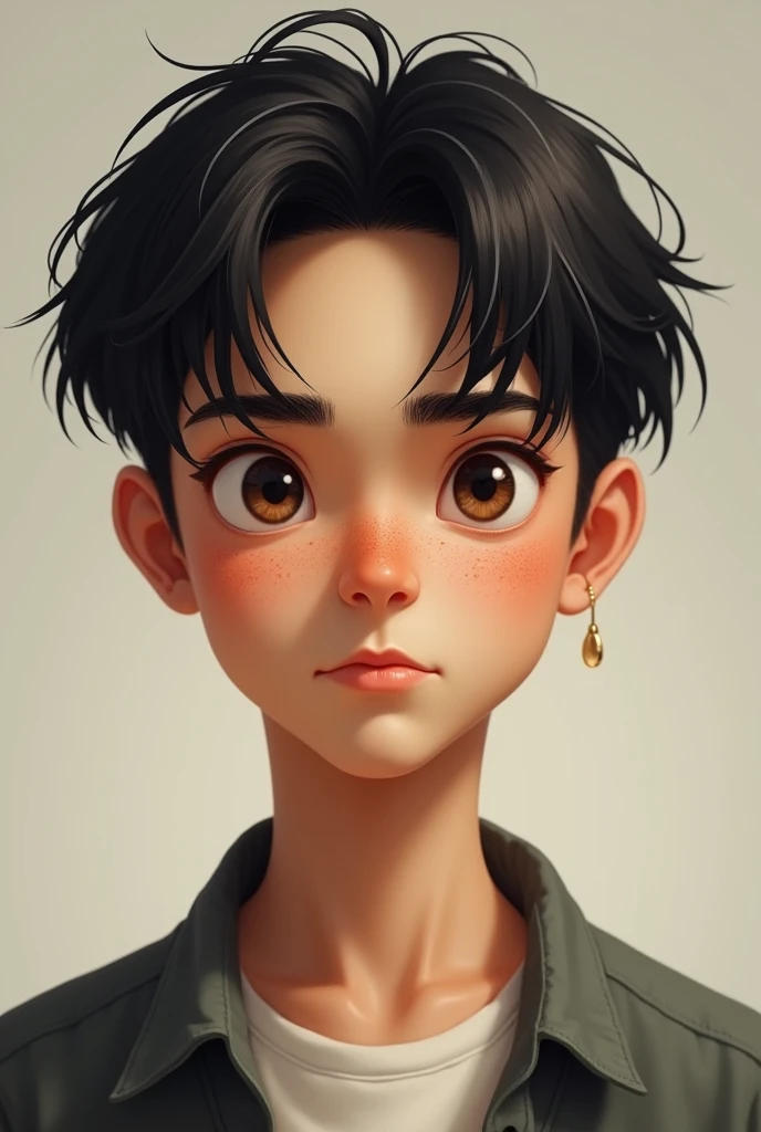The man has a youthful, oval face., with subtly marked cheekbones that give balance to her expression. Her skin is light-toned and shows some acne marks on both cheeks., which are visible but not exaggerated, giving a natural and realistic look to your skin. His eyes are a dark brown color, Medium in size and slightly almond shaped. The character's gaze is serious and introspective, framed by straight eyebrows, Medium thickness, and well defined. The eyebrows are thick and placed in a way that enhances the intensity of her eyes., giving him a thoughtful expression. The nose is straight and thick , with a soft bridge and a slightly rounded tip, harmonizing well with the rest of your facial features. The lips are a little thick and well defined., with a slight natural curvature that gives it a neutral expression, neither smiling nor frowning. The upper lip is slightly thinner than the lower lip.. The hair is completely straight, of a dark black color, and long length. It falls naturally and a little messily on the forehead., lightly covering the eyebrows, and extends to just above the ears on the sides. The hair has a fine texture and a natural shine., with some strands falling over the forehead and this hairstyle is bookish .