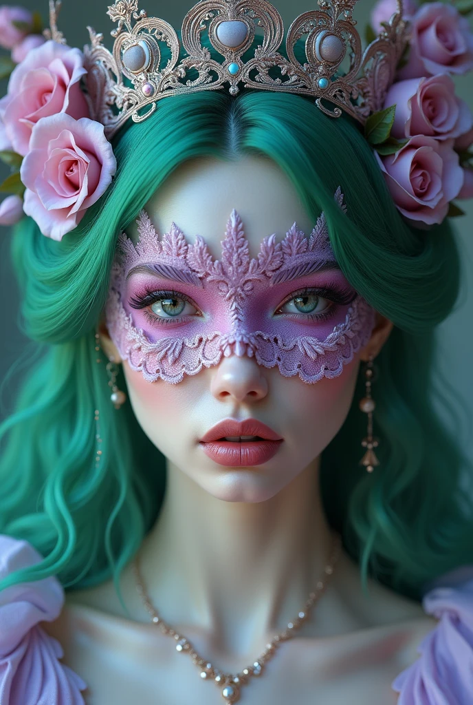 a woman with green hair and a lilac crown, wearing a pink mask covering her entire face, intricate detailed face, detailed eyes, detailed lips, beautiful ornate headpiece, elegant pose, fantasy, digital art, 8k, highly detailed, cinematic lighting, dramatic colors, vibrant, photorealistic