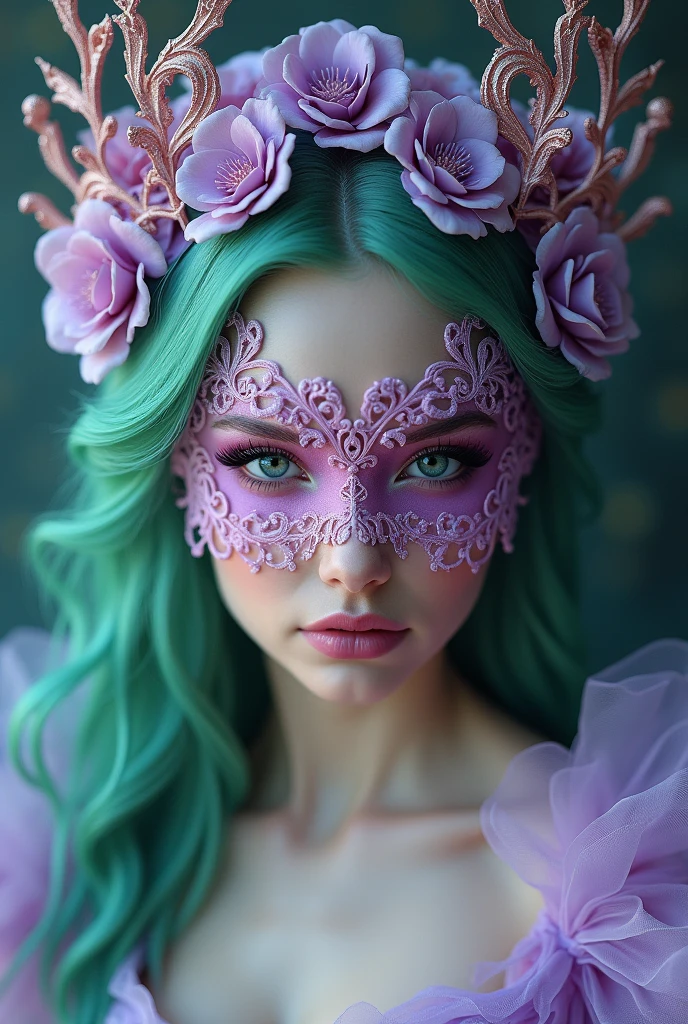 a woman with green hair and a lilac crown, wearing a pink mask covering her entire face, intricate detailed face, detailed eyes, detailed lips, beautiful ornate headpiece, elegant pose, fantasy, digital art, 8k, highly detailed, cinematic lighting, dramatic colors, vibrant, photorealistic
