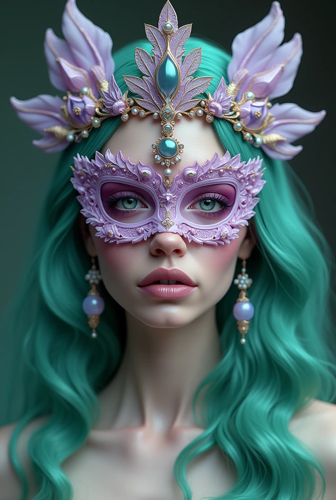 a woman with green hair and a lilac crown, wearing a pink mask covering her entire face, intricate detailed face, detailed eyes, detailed lips, beautiful ornate headpiece, elegant pose, fantasy, digital art, 8k, highly detailed, cinematic lighting, dramatic colors, vibrant, photorealistic