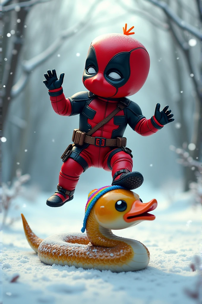 Put baby Deadpool in the snow dancing on top of a gay snake, put a rubber duck hat on the snake&#39;s head
