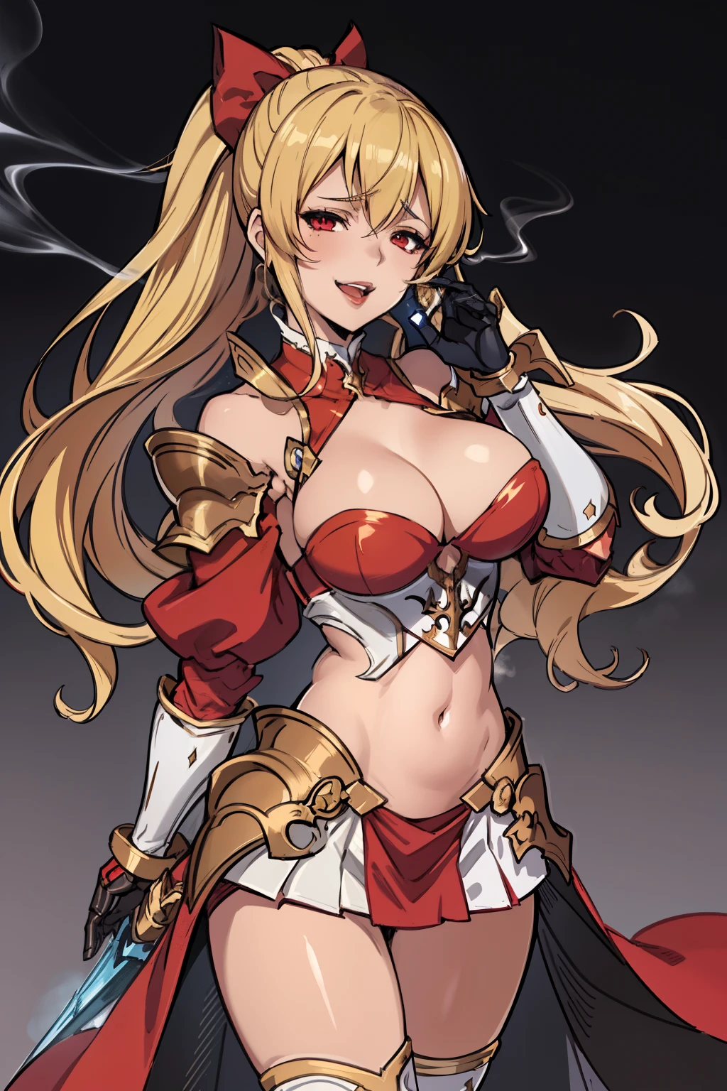 perfect anatomy, 1girl, solo, ViraGB, long hair, ponytail, makeup, lipstick, red lipstick, Hot girl, baddie, staring, glaring, bad attitude, mean girl, dare, angry, hate, crazy, smoking, sensual, attractive, masterpiece, best quality, highly detailed, fantasy , a anime girls in armored dress holding a sword
posing for a picture, evil smile, smile, open mouth, breastplate with open cleavage, cleavage, warrior
outfit, ecchi anime style, anime girls, ecchi style, (nsfw) not safe for work, ecchi, digital anime art!!, in
anime style, official artwork, visual novel cg, beautiful anime girl, anime style 4 k , loincloth, exposed
belly, exposed navel, exposed midriff, exposed lower belly, pencil skirt armored, castle,inside castle,royal palace