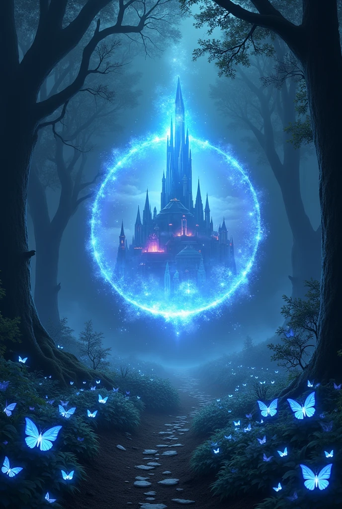  In the forest at night、A scene with a mysterious glowing portal floating。ポータルの中にteeth、A beautiful city from another dimension appears vaguely。都市にteeth空に浮かぶ宮殿や、There is a crystal tower that emits rainbow light.、周りにteeth幻想的な霧が漂っている。Forest Trees々teeth、Blue shining flowers、Covered in glowing butterflies、The whole thing exudes a dreamlike atmosphere.。