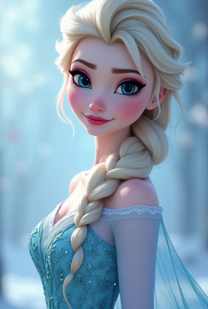 Elsa, (masterpiece), best quality, (transparent), expressive eyes, Smokey Makeup, Platinum blonde hair, Her perfect face and naked body show off her body.