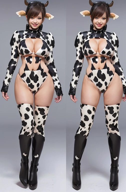 By people:1.4), Perfect female proportions,Villainess, (Fusion of cow and lady:1.4), (Woman in the shape of a cow:1.2), (Cow Woman:1.2), (Fusion:1.2), (一By people:1.4), (Wicked Smile:1.2), Muscular, Abdominal muscles, (cow print full body Muscular suit:1.4), (Cow Exoskeleton Armor:1.2), (Cow's tail:1.4), (Cow horn:1.3),