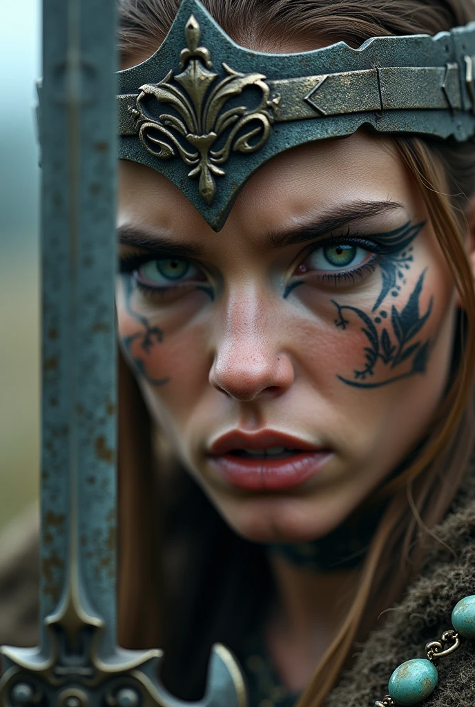Close up of nordic female warrior with small pointed sword in hand, Woman, green eyes, sword next to the face, large crown on head , necklace beautiful stones on the neck,  tattooed face, very angry