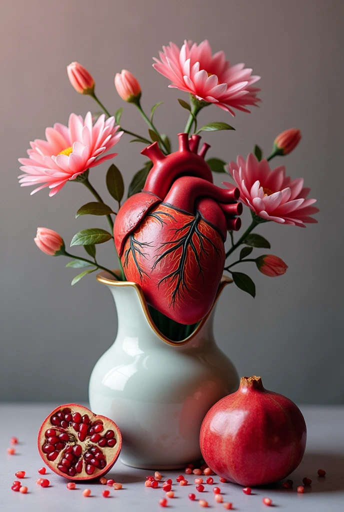 mixing a delicate and feminine aesthetic of a flower vase with an anatomically correct human heart and a pomegranate the image should have colors in a pink and somber palette