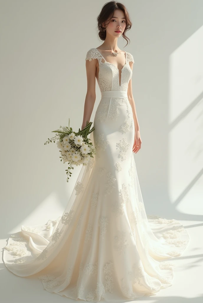classic wedding dress with white and delicate flowers printed with simple bouquet