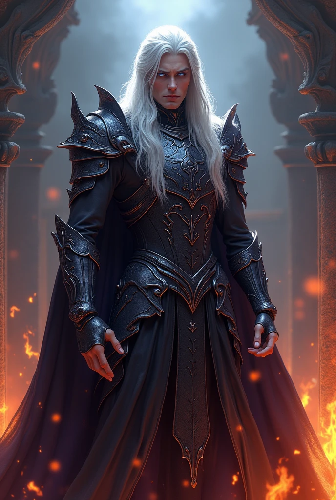 Create a prince of hell, that he be handsome and imposing, that has armor, long white hair and lilac eyes