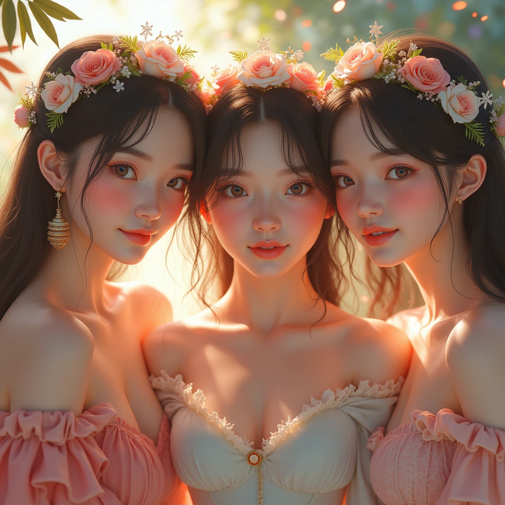 (Graceful Full Body of Extremely Detailed((Sexy Princesses Group in a row:1.37))), KAWAII perfect face with Reflective Eyes, Detailed(Delicate Clothing textures), Correct Graceful Legs, Dynamic Joyful Expressions LifeLike Rendering, Specular Reflection, (TopQuality 8K Ultra-detailed masterpiece (ProfessionalPhoto:1.37))(((Raw, Realistic))), (Acutance:0.8), (Luminism:1.28), Renaissance art style, Portraits, Colorful Light particles, (Full body from side) {Kissing Face to Face|Cute Peach AssFocus|(NakedApron with (Overflowing Sideboob))}, Radiant Fine Skin with Transparency, (Exposed:0.4) {Pink Hair|LightBlue Hair|Blonde|Pure White Hair|Liquid Hair|Red Shoes}, Perfect Lighting