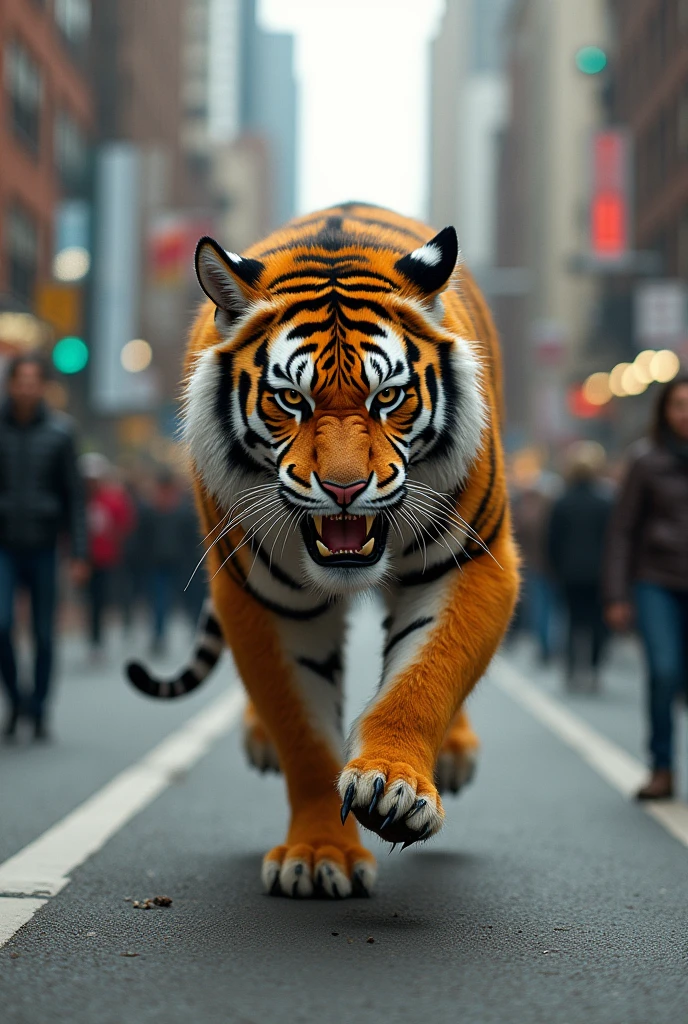 Furry dressed as a tiger walking on all fours in the middle of a street