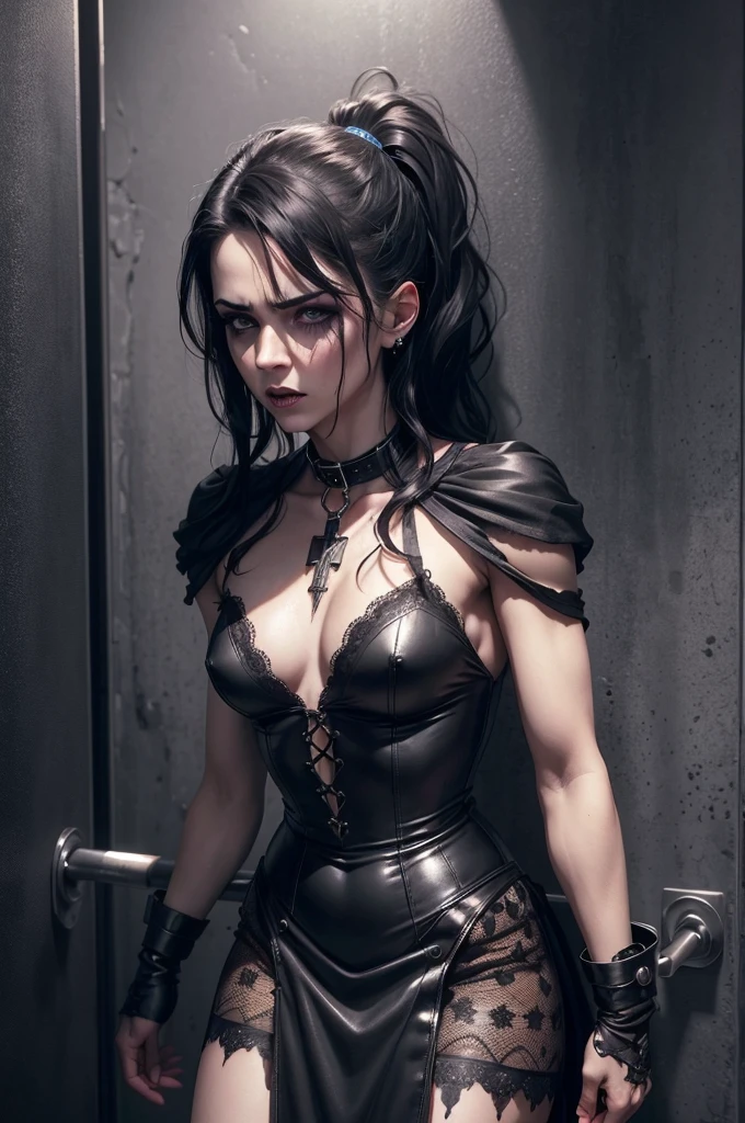 Submissive girl, flat breasts, (horror style), looks depressing, high quality, ultra-detailed, crazy details, 4K, inferno