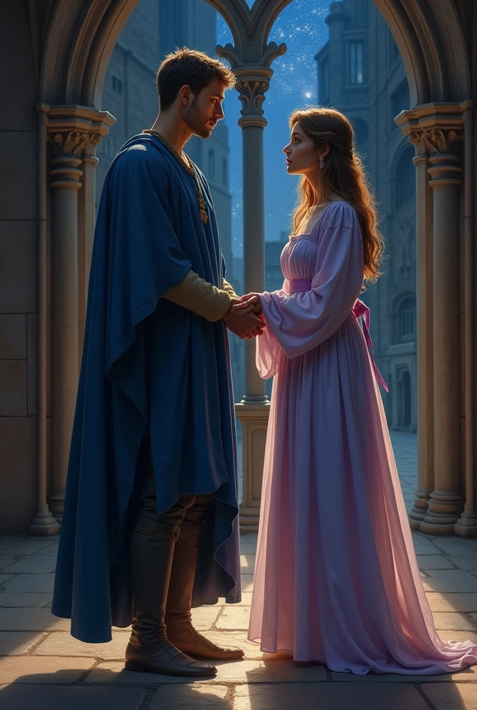 Epiphany Night by William Shekspear, a woman and a man brothers in medieval clothing, the man dressed in blue and the girl in a light purple dress, The man WITHOUT a beard