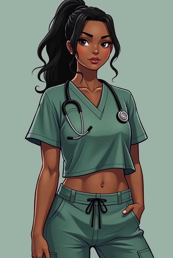 Visual Description: Nina is but strong, with soft brown skin and long black hair that she usually ties back in a ponytail or bun to keep it out of her way. Her dark eyes are warm and compassionate, but they also carry the weight of seeing too much suffering. She’s always in practical scrubs or cargo pants and a medical vest, with a stethoscope slung around her neck and a first-aid kit at her side. Her hands are steady and sure, whether she’s stitching a wound or holding someone’s hand to comfort them.
but she is dressed slutty with clothes that shows of her body sith a slutty pose