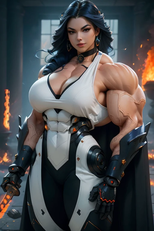 (((Close-up))), tall, (royal blue hair), beautiful muscular cybernetic female ninja, long curly wavy hair, black lipstick, pale white skinned, closed smile, large breast, (massive muscles), (hyper muscle), ((ginormous bulky muscles)), white eyes, (ninja mask), ((royal blue cybernetic ninja armor suit)), (black cape), ((royal blue cybernetic ninja armor pants)), choker, cybernetic boots, ((holding a massive fire sword)), (in front of a burning castle),