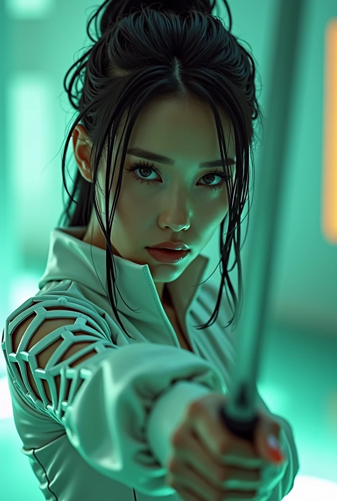 Beautiful woman in futuristic costume holding a sword, in film style, instant realism, light green and white,close-up portrait, fujifilm eternal vivid 500t, chinapunk, cyberpunk realism, poolcore --ar 73:111 --stylize 750 -- v 6