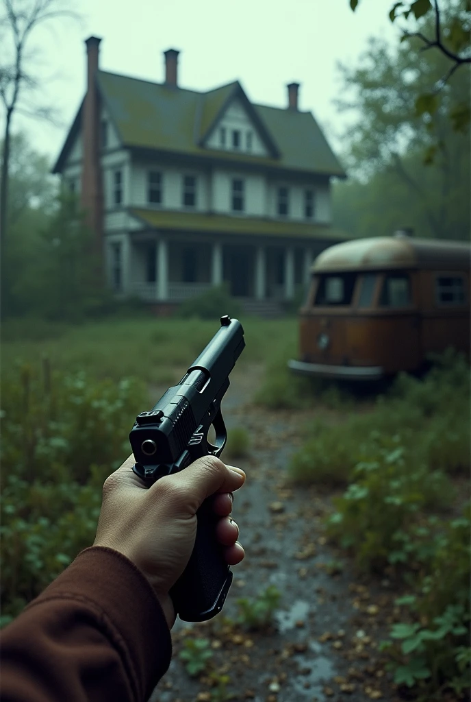 Outside an abandoned mansion, first person perspective with only one arm holding a gun, old garden with a trailer full of vines