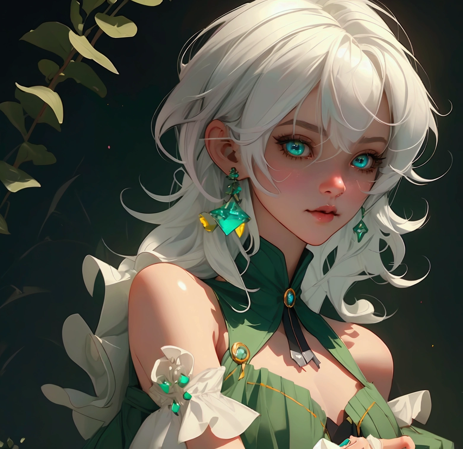 envision a 8k, highres, cinematic, beautiful close up portrait of a short girl named Cecilia Immergreen with multicolored hair, green eyes, doll joints, joints, bare shoulders, detached sleeves, hair between eyes, white hair, dressagainst a dark background