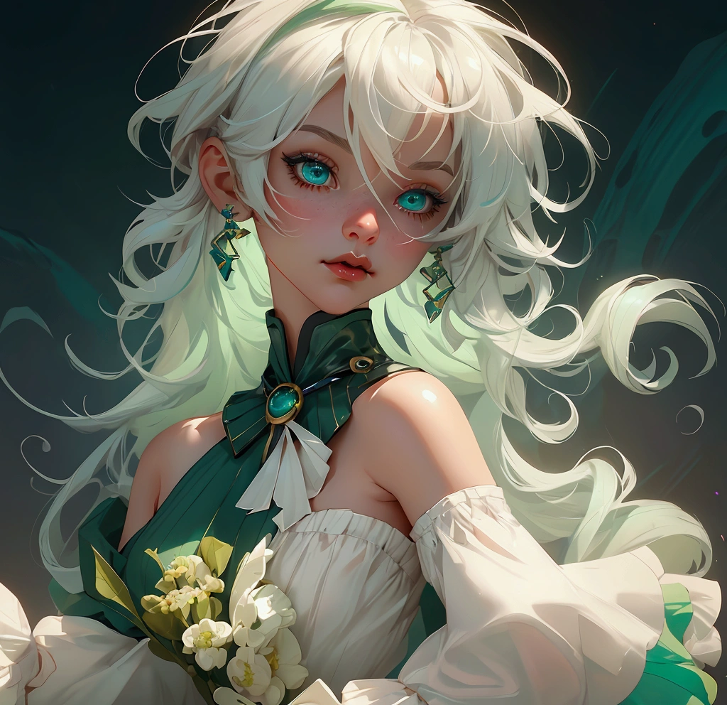 envision a 8k, highres, cinematic, beautiful close up portrait of a short girl named Cecilia Immergreen with multicolored hair, green eyes, doll joints, joints, bare shoulders, detached sleeves, hair between eyes, white hair, dressagainst a dark background