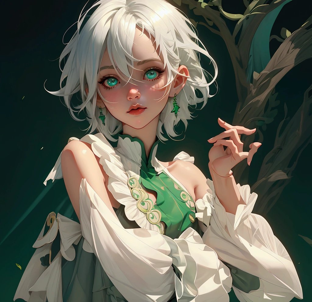 envision a 8k, highres, cinematic, beautiful close up portrait of a short girl named Cecilia Immergreen with multicolored hair, green eyes, doll joints, joints, bare shoulders, detached sleeves, hair between eyes, white hair, dressagainst a dark background