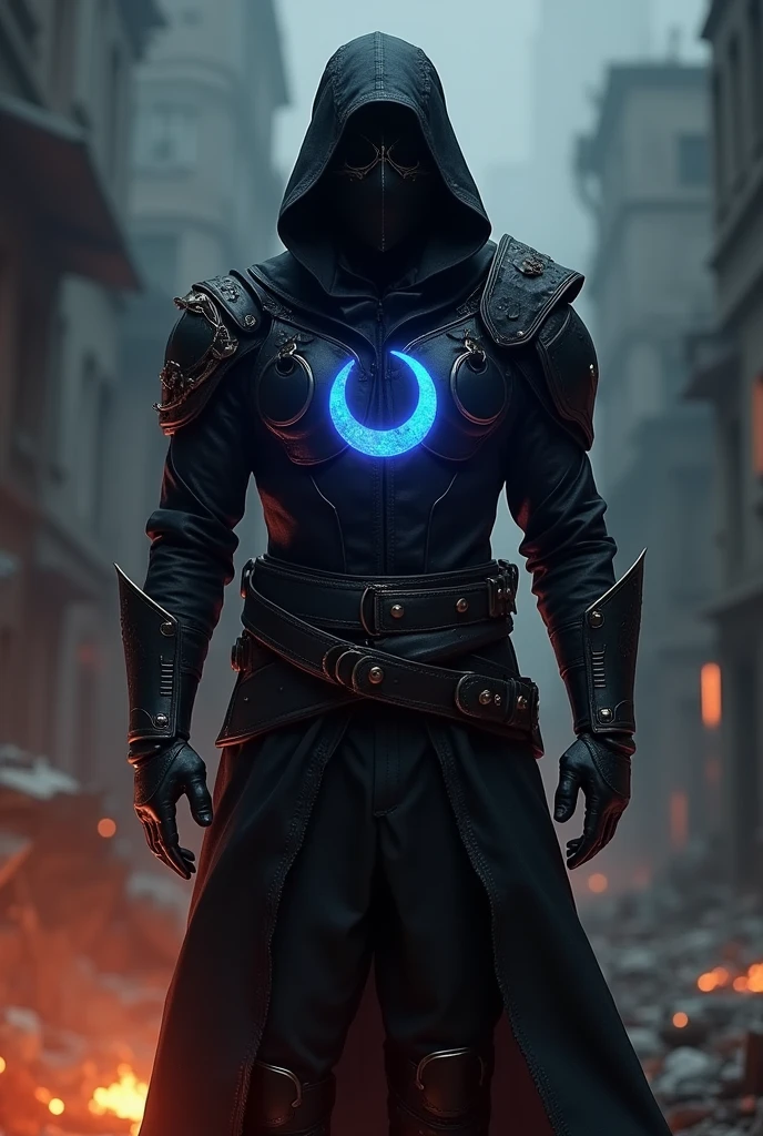 We are designing Azerbaijan's assassin in a way that is modern but also includes historical elements. Here are the details that define this character: - **Outfit**: A black, armored outfit. - **Chest Detail**: Let it be the crescent and star on the azerbaijan flag with blue light. Let it be a little big.- **Mask**: A mask that covers part of the face, reminiscent of an assassin's mask. - **Background**: Dark, gloomy atmosphere; A background reflecting the war environment. - **Color Palette**: Vibrant and saturated colors, especially black and orange tones. I'm starting to create this design right away! It may take some time.Let there be things that symbolize AzerbaijanThe character should be in the middle of the picture and have legs.