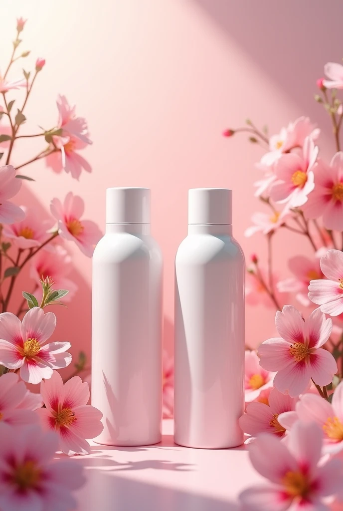 pink floral background, two cleanser bottles