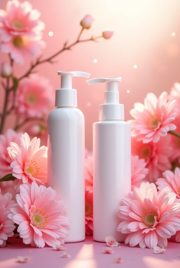 pink floral background, two cleanser bottles 