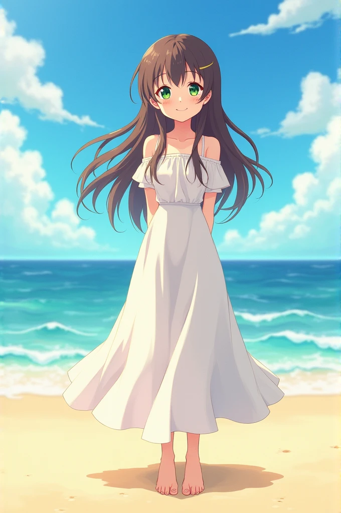 Make me an anime style girl who is smiling that has long brown hair ,green eyes and wear a long white dress while standing in a beach scenery