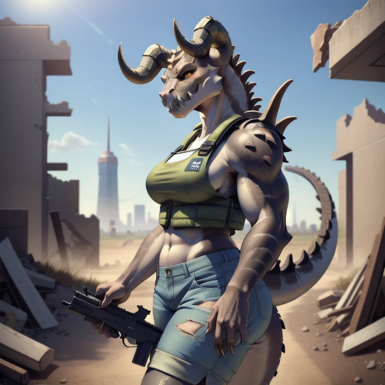 (((Masterpiece))), ((4k)), (best body), Solo, score_9,score_8_up,score_7_up, kemono style, aegis style, Anthro deathclaw from fallout, Anthro reptile girl, snout, green scaled skin, gold eyes, black lips, black horns, black ram horns, athletic body, smiling, (detailed skin), bulletproof vest, holding a rusty gun, blue shorts, walking in a ruined city, looking at viewer, hyper realistic gun, tight cloths, skinny, beautiful face, 