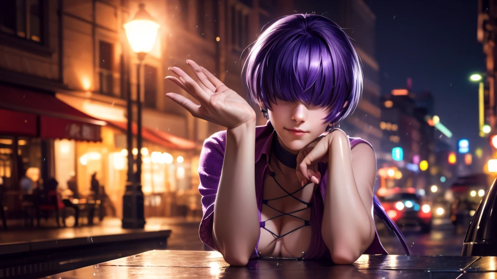 (at night), alone, in a video game scene a background of a beautiful city during the day raining, standing at attention, purple hair, ((purple hair)), 1 girl, alone, 20 years old, young woman, perfect hands , beautiful and perfect symmetrical fingers, beautiful long legs, perfect legs, beautiful body, beautiful nose, beautiful character design, perfect face, look at the viewer with a serious gesture and in an attack position (focusing on his face), closed mouth, Light_Smile, official art, extremely detailed CG unity 8k wallpaper, perfect lighting, bright and colorful front lighting, glowing skin (masterpiece: 1.0), (best quality: 1.0), ultra high resolution, 4K, ultra detailed photography, 8K , HDR, high resolution, nonsense: 1.2, Kodak portra 400, film grain, blurred background, bokeh: 1.2, lens flare, (vibrant_color: 1.2), professional photography, (beautiful_face: 1.5), (narrow waist),