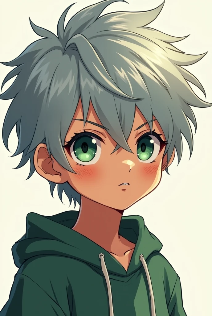 Create a 2 anime style gray haired green eyed brown skinned boy