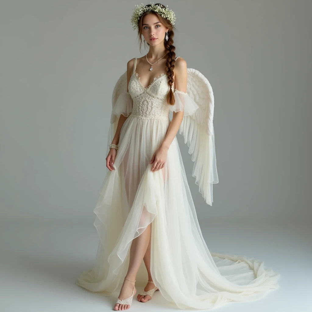 A full-body image of a European woman with an angelic essence, standing poised against a gray background. She wears an ivory organza gown with a soft, flowing skirt and delicate lace detailing on the bodice. The gown’s translucent fabric creates a sense of airiness and sophistication. Her hair is styled in a halo braid adorned with small white flowers, forming a crown-like effect that radiates divine majesty. She wears gossamer slippers with lace embellishments. Her jewelry includes ethereal symbol earrings and a gemstone necklace, adding a mystical and otherworldly allure to her angelic attire.