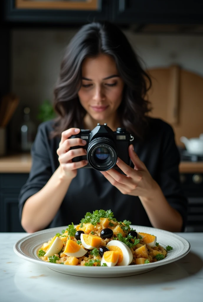 A black vintage kitchen with a white countertop, Above there is a platter with egg and olive salad with a close-up and a self-portrait camera photographing the brunette cook with slightly wavy curly black hair