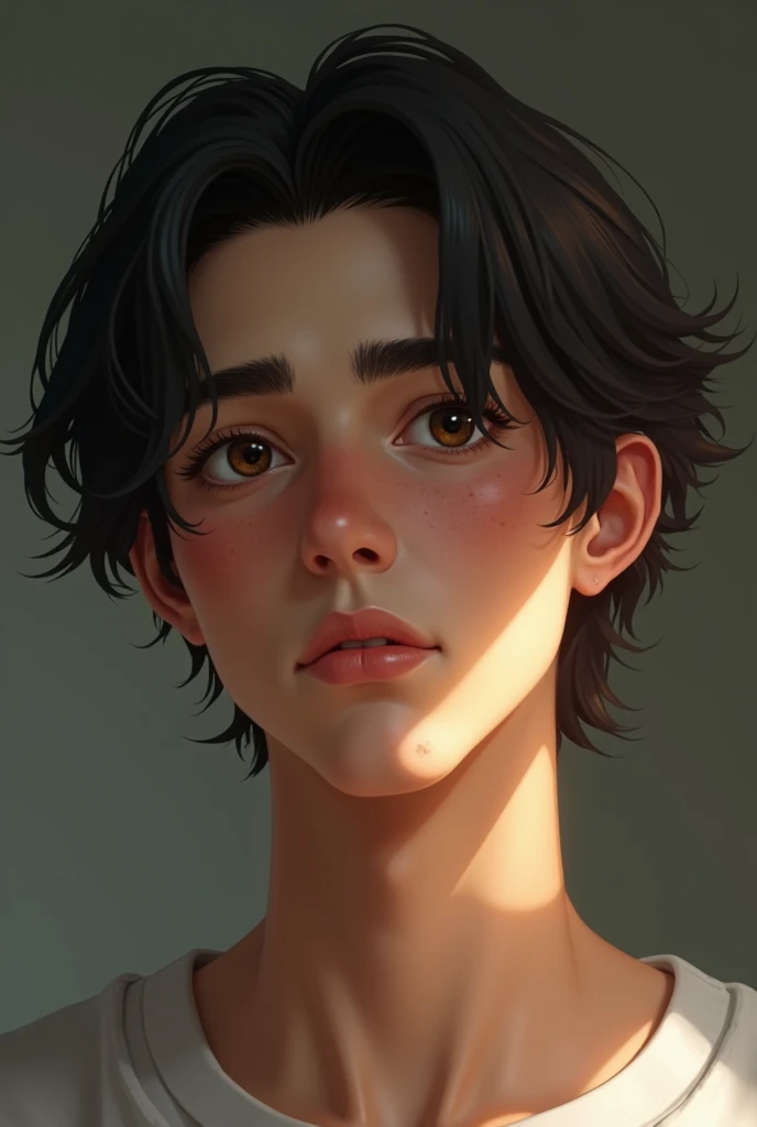 The man has an oval face and, with subtly marked cheekbones that give balance to her expression. Her skin is light-toned and shows some acne marks on both cheeks., which are visible but not exaggerated, giving a natural and realistic look to your skin. His eyes are a dark brown color, Medium in size and slightly almond shaped. The character's gaze is serious and introspective, framed by straight eyebrows, Medium thickness, and well defined. The eyebrows are thick and placed in a way that enhances the intensity of her eyes., giving him a thoughtful expression. The nose is straight and thick , with a soft bridge and a slightly rounded tip, harmonizing well with the rest of your facial features. The lips are a little thick and well defined., with a slight natural curvature that gives it a neutral expression, neither smiling nor frowning. The upper lip is slightly thinner than the lower lip.. The hair is completely straight, of a dark black color, and long length. It falls naturally and a little messily on the forehead., lightly covering the eyebrows, and extends to just above the ears on the sides. The hair has a fine texture and a natural shine., with some strands falling over the forehead and this hairstyle is bookish .
