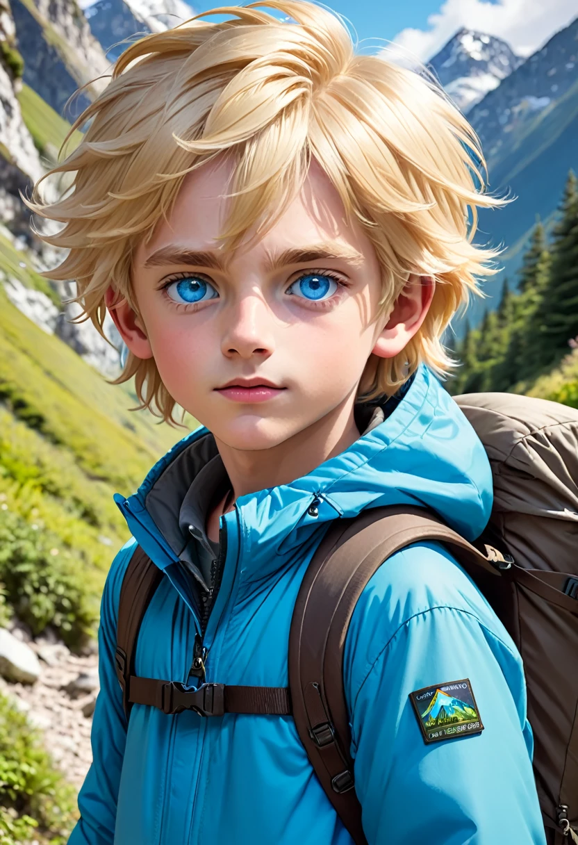 2 boy with blond hair blue eyes in hiking clothes 