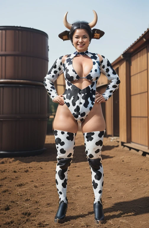 By people:1.4), Perfect female proportions,Villainess, (Fusion of cow and lady:1.4), (Woman in the shape of a cow:1.2), (Cow Woman:1.2), (Fusion:1.2), (一By people:1.4), (Wicked Smile:1.2), Muscular, Abdominal muscles, (cow print full body Muscular suit:1.4), (Cow Exoskeleton Armor:1.2), (Cow's tail:1.4), (Cow horn:1.3),