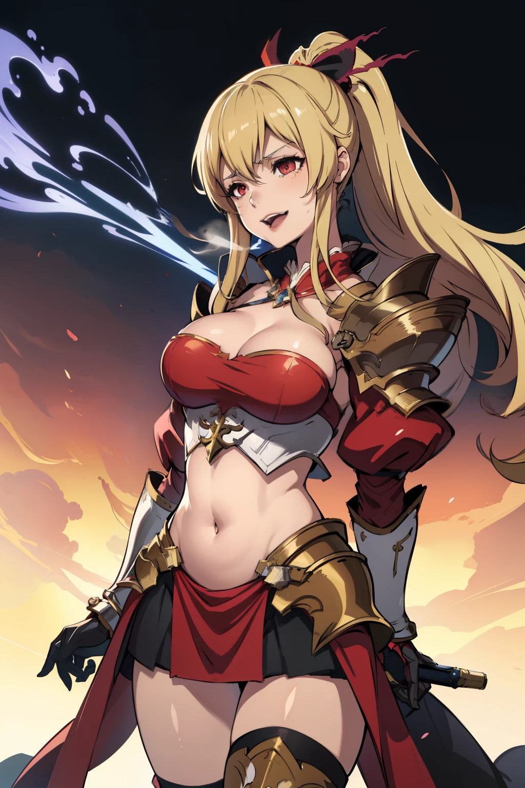 perfect anatomy, 1girl, solo, ViraGB, long hair, ponytail, makeup, lipstick, red lipstick, Hot girl, baddie, staring, glaring, bad attitude, mean girl, dare, angry, hate, crazy, smoking, sensual, attractive, masterpiece, best quality, highly detailed, fantasy , a anime girls in armored dress holding a sword
posing for a picture, evil smile, smile, open mouth, breastplate with open cleavage, cleavage, warrior
outfit, ecchi anime style, anime girls, ecchi style, (nsfw) not safe for work, ecchi, digital anime art!!, in
anime style, official artwork, visual novel cg, beautiful anime girl, anime style 4 k , loincloth, exposed
belly, exposed navel, exposed midriff, exposed lower belly, pencil skirt armored, castle,inside castle,royal palace