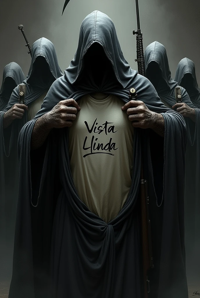 Death opening the cover and showing a shirt with the words Vista linda written on it with his henchmen with rifles on their backs, making the number 3 with your hands