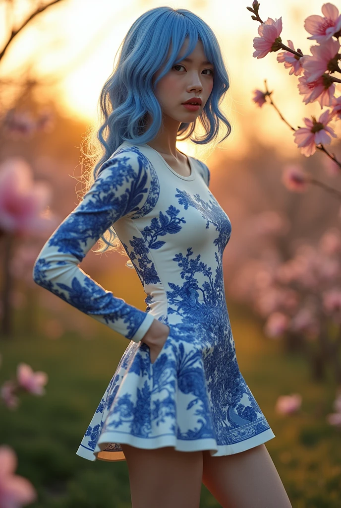 A detailed image of a young professional fashion model with hair mimicking the texture of hard, shiny blue and white porcelain Qinghua, showcasing her full body and long legs in a short dress made from the same hard, shiny blue and white porcelain Qinghua material, inspired by Thierry Mugler, Manish Arora, and John Galliano. Posing elegantly at a garden show amidst vibrant, fully bloomed spring flowers, the photograph is captured during golden hour with a high-end mirrorless camera and a telephoto lens. Cinematic lighting highlights the model's captivating presence and unique ensemble. --ar 3:4 --q 2 --s 750 --v 5