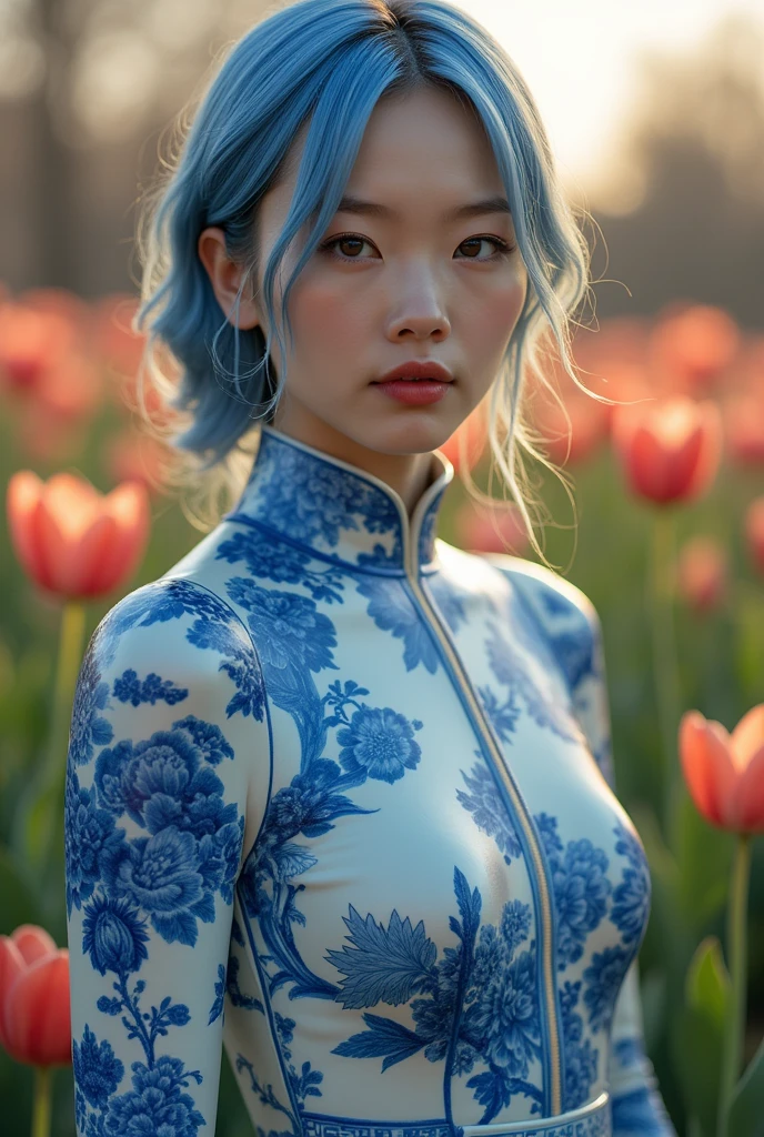 A detailed image of a young professional fashion model with hair mimicking the texture of hard, shiny blue and white porcelain Qinghua, showcasing her full body and long legs in a short dress made from the same hard, shiny blue and white porcelain Qinghua material, inspired by Thierry Mugler, Manish Arora, and John Galliano. Posing elegantly at a garden show amidst vibrant, fully bloomed spring flowers, the photograph is captured during golden hour with a high-end mirrorless camera and a telephoto lens. Cinematic lighting highlights the model's captivating presence and unique ensemble. --ar 3:4 --q 2 --s 750 --v 5