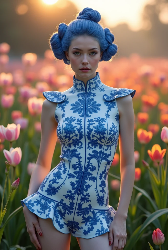 A detailed image of a young professional fashion model with hair mimicking the texture of hard, shiny blue and white porcelain Qinghua, showcasing her full body and long legs in a short dress made from the same hard, shiny blue and white porcelain Qinghua material, inspired by Thierry Mugler, Manish Arora, and John Galliano. Posing elegantly at a garden show amidst vibrant, fully bloomed spring flowers, the photograph is captured during golden hour with a high-end mirrorless camera and a telephoto lens. Cinematic lighting highlights the model's captivating presence and unique ensemble. --ar 3:4 --q 2 --s 750 --v 5