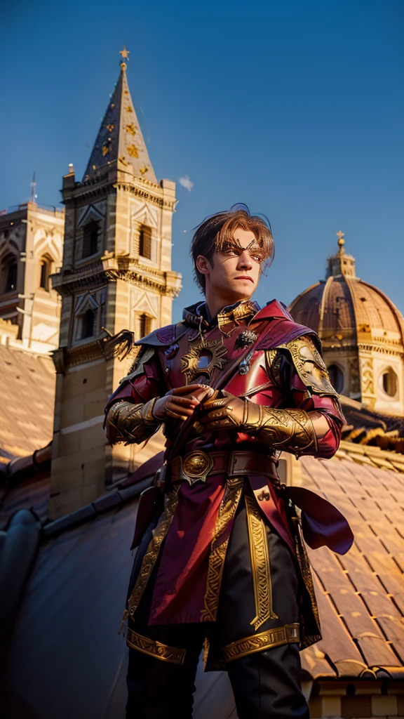 A Renaissance version of Spider-Man, wearing a web-slinging suit adorned with floral patterns and gold detailing, glides across the rooftops of Florence. The city is lit by torches and dominated by Renaissance domes and bell towers. He carries a ceremonial dagger on his belt and his mask has a Renaissance style with gold filigree. Moonlight reflects off his figure as he prepares to thwart a shadowy conspiracy.