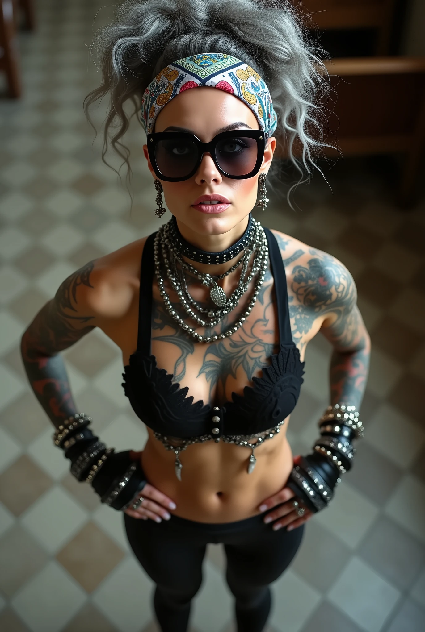 russian milf woman, grey hair (bouffant, top bun) and oversized square sunglasses and wide colourful bandana as headband, with very light green eyes, extremely pale. Big lips. Black lace push up bra, silicone breast,, black yoga pants Flip flops. Lots of thick wide studded bracelets, chain collars and big rings,. Additional crossed loose belts,. Long earrings with chains and feathers. Standing with legs apart, hands on her hips, stretching her neck and looking up in surprise craving., Neck, chest, stomach and wrists heavily tattoed. Toned abdominals, thin neck, slim legs and thin arms. Narrow hips . In a church. Seem from above,