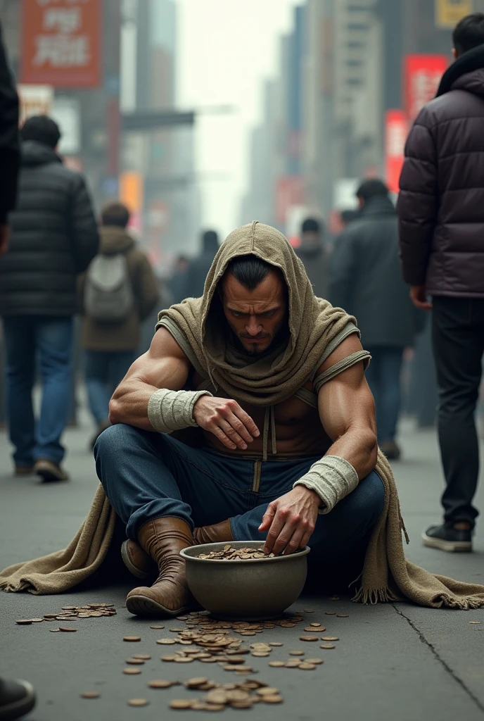 Vegeta dressed as a beggar receiving some coins