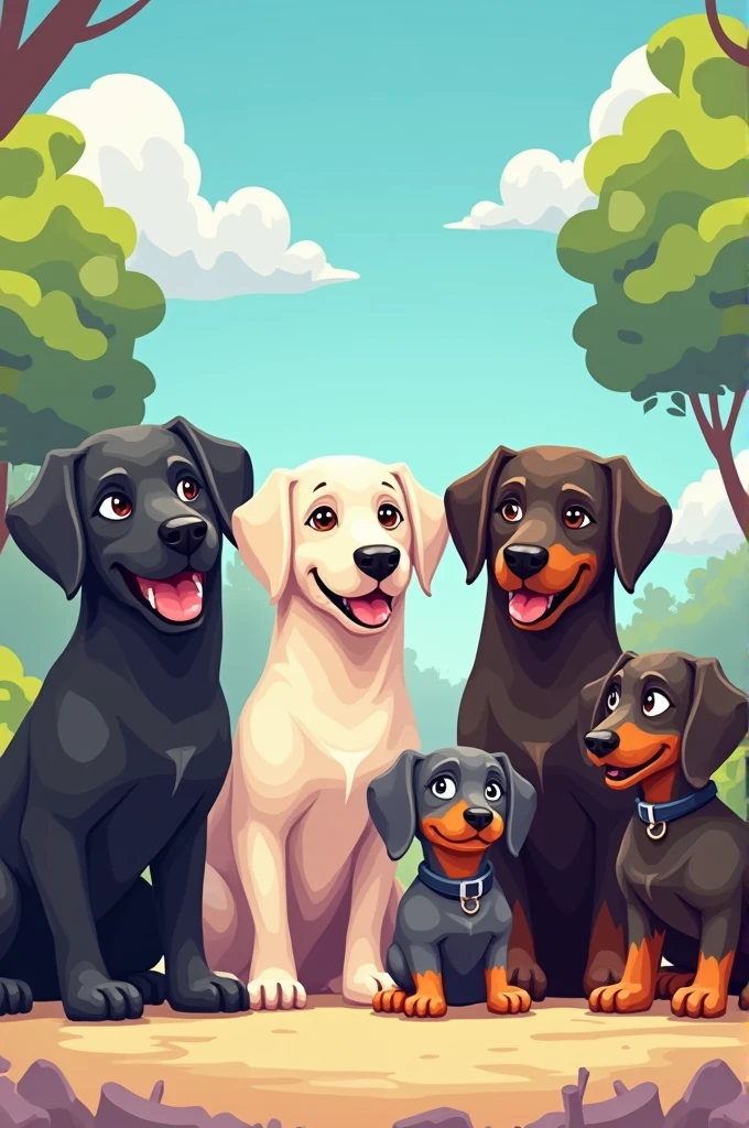 I want you to put 1 black Labrador,1 white Labrador,1 dark chocolate Labrador 1 black fire sausage 1 grey sausage And they look like a Pixart movie