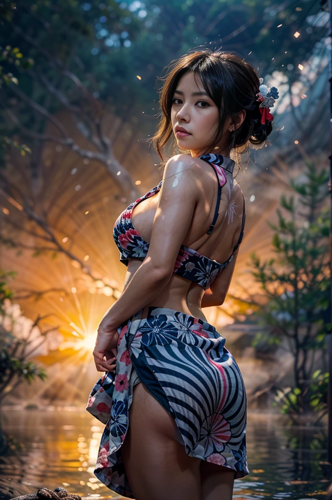 Photorealistic, (half body:1.3, exposed face), low angle, (seen from below:1.4), in frame, a japanese mature woman, ((yukata:1.2, exposed her cleavage), geisha likeness:1.3), a hyperrealistic beautiful mature woman with greeney eyes,flowing hair, (black hair:1.4, with traditional hair accessories), natural droopy breast, high detailed official artwork, beautiful girls with slim body and slender posture, exposed slim abs with belly button piercing, long legs, attractive mature woman, (atractive poses:1.3, open-legged), leaning back on the (big trunk:1.2), surrounded by foggy hot springs, fuji mountain background, dubnitskiy david fanart, realistic portrait, smooth photorealistic, perfect visual of a cute girls, cute girls with round soft face, face focus, makoto shinkai and artgerm, photon mapping, natural light, warm color tones, vivid colors, cool ambient, foggy atmosphere