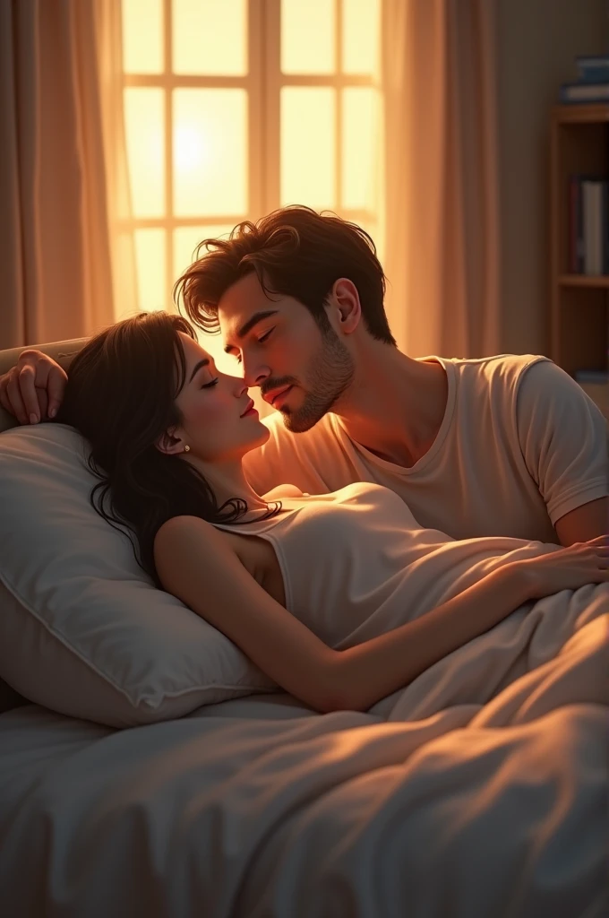 "A beautiful sunrise with a man admiring his wife&#39;s sleeping face, showing a peaceful and tender scene."