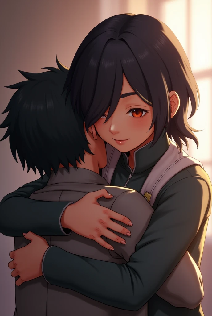 the character skye from the game valorant hugging a with black hair